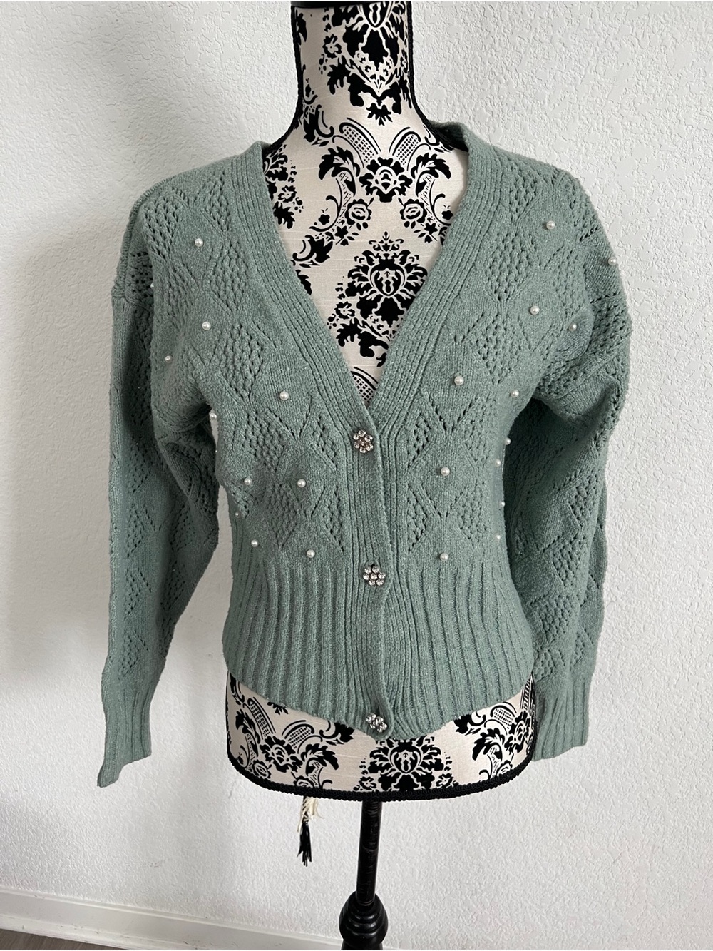 Pink Rose Sage Green V-Neck Embellished Sweater